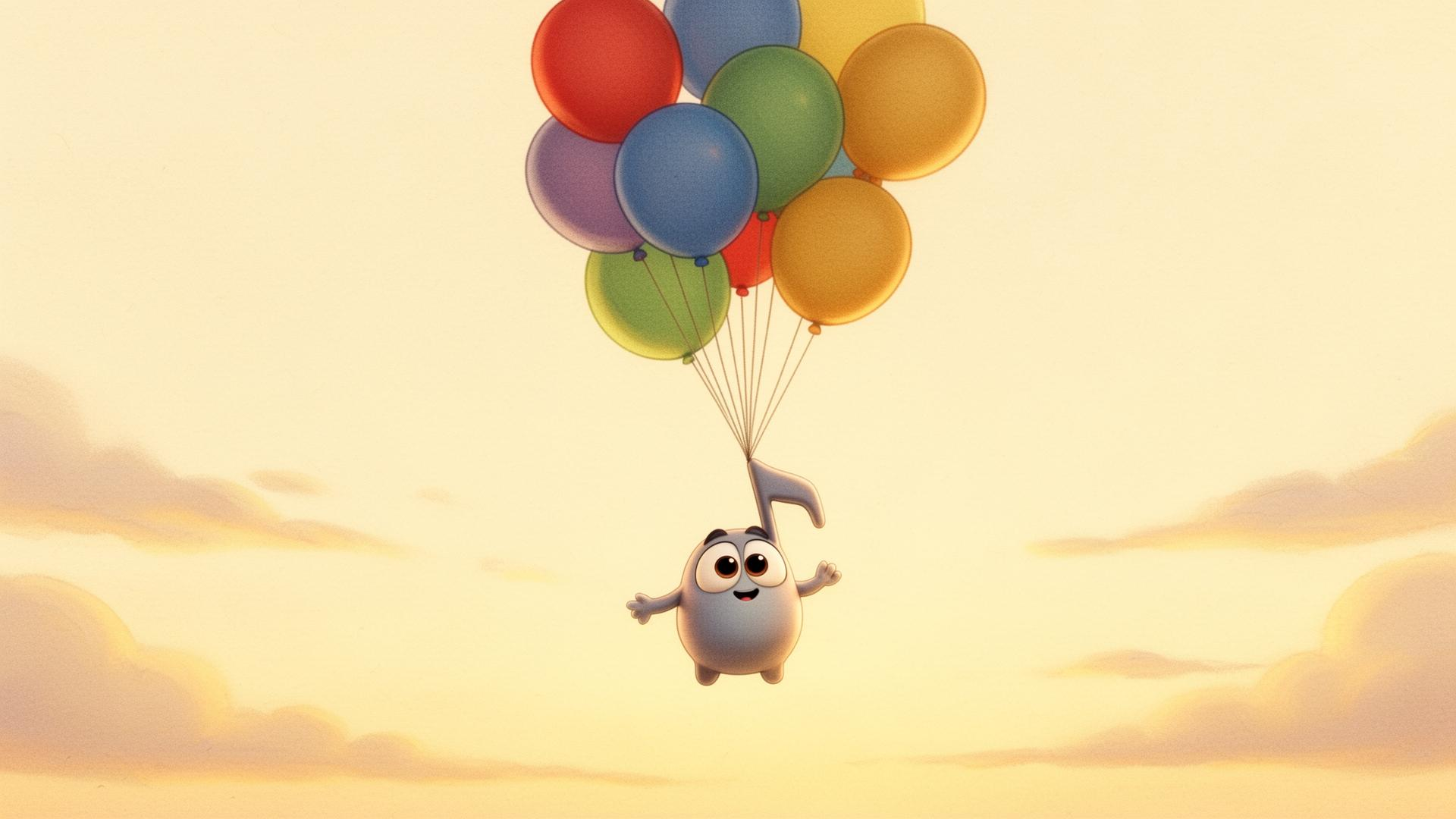 A friendly little musical-note creature floating up on a bouquet of colorful balloons in a warm sunset sky