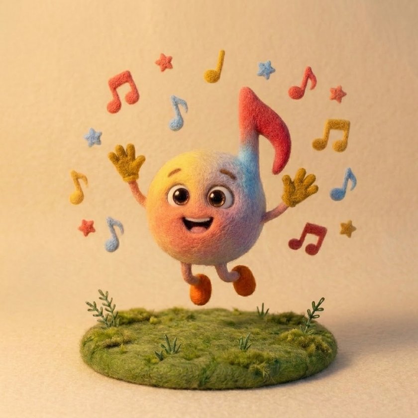 Tuny, a little felt music note with a rainbow body, jumping for joy among felt music notes